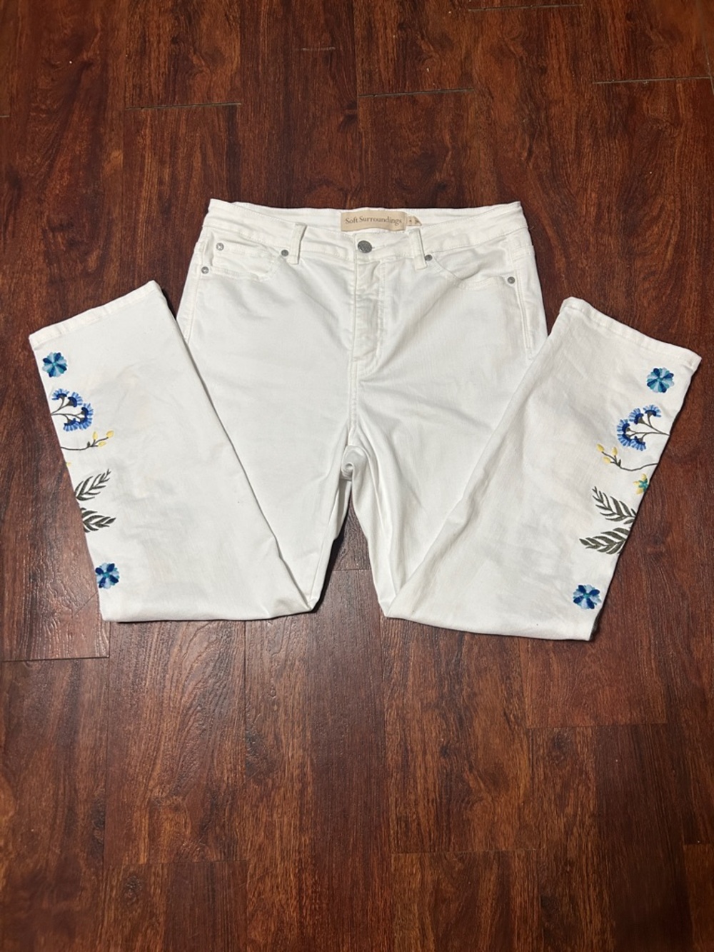 Soft Surroundings White Straight-Leg Jeans with Multicolor Floral Embroidery - Picture 5 of 8